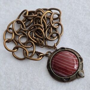 Extasia Necklace Red Striped Pendant Bronze Tone Chunky Link 20" Jewelry